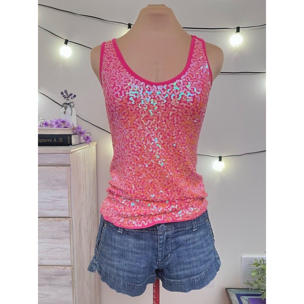 Y2K Charlotte Russe Sz S Hot Pink Orange Sequin Racerback Tank Top Sparkle Party